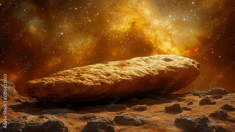 Panoramic view of rugged extraterrestrial landscape with massive golden ...