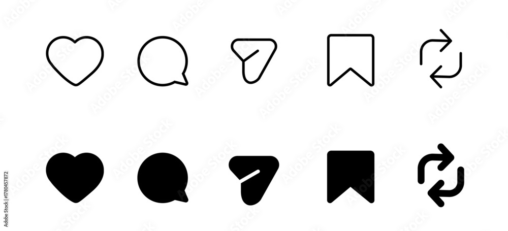 Like, Repost, comment share save vector icon set. Site navigation ...
