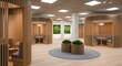 © Norah Allen - Modern office lounge area features curved wooden partitions upholstered seating tables planters with green foliage and vertical living walls interior design contemporary architecture