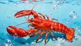 Vibrant lobster painting showcases the crustacean swimming underwater with bright red shell and claws surrounded by bubbles in a clear blue ocean water artistic marine life illustration