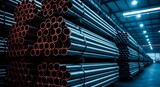 Stacked Steel Pipes and Metal Tubes Stored in Dark Industrial Warehouse for Construction Material