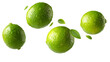© MdAtiqur - Four fresh green limes with water droplets falling isolated on transparent background
