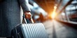 © keks20034 - A traveler holds the handle of a suitcase against the backdrop of the airport in the warm morning light