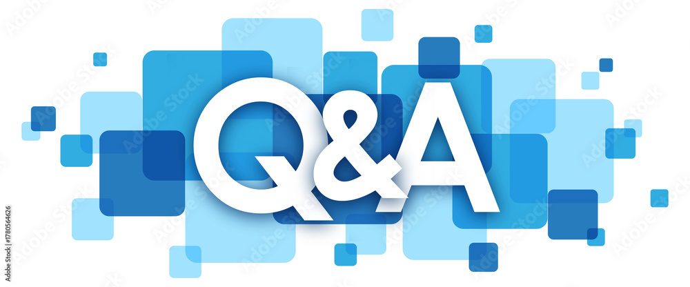 Q&A white typography banner with blue squares on transparent background ...