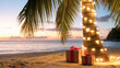 © RMedia - Tropical beach scene at sunset with a palm tree wrapped in glowing Christmas lights and two gift boxes with red ribbons on the sand, creating a festive holiday atmosphere by the ocean.