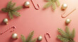 © KunFhayakun - Festive holiday background with candy canes, ornaments and pine tree branches