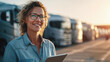 © Katerina Bond - Confident female logistics manager with tablet at truck depot during golden hour, symbolizing modern transportation, fleet management and women in logistics industry.