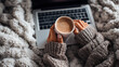 © tynza - POV hands typing on laptop with coffee mug nearby, cozy workspace, authentic UGC detail