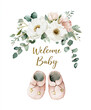 © Aliaksandr - Watercolor floral bouquet frames a welcome baby greeting.Soft pastel peony and eucalyptus accents.Delicate newborn booties create a sweet nursery celebration image.