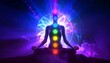 © risi - Meditating figure with chakra alignment against a cosmic background, bathed in vibrant neon-style colors and glows