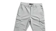 © Rika - Close up view of light gray utility pants featuring cargo pockets displayed against a solid black background