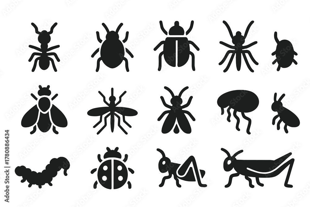 Small Insect Icon Tiny Insect Icons. Solid style icons of Tiny insects: ant, aphid ...