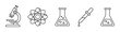 © BraveSpirit - Black outline icons of a microscope, an atomic structure, a beaker with liquid, a pipette with a droplet, and another beaker for science and laboratory themes.