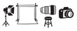 © BraveSpirit - Black and white sketch of photography equipment including a camera, lens, lighting setup, backdrop stand, and stool.