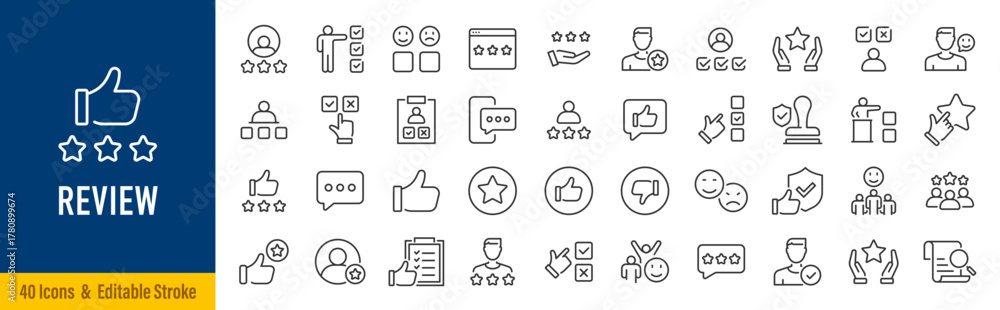 Review web icons in line style. Feedback, user, testimonials, comment ...