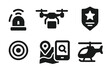 © SanyBRZ - Recovery Tools Icons. Solid style icons of post-jump recovery tools: beacon glyph, pickup drone icon, crew badge. Signal ring, GPS