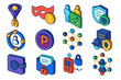 © SanyBRZ - Blockchain Privacy Icons. Isometric vector illustration set Privacy and Anonymity in Blockchain: mixer service icon, stealth