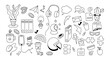 © Ludmila - Outline Office and Work Doodle Icon set. Isolated Hand Drawn office supplies, technology, communication, workspace and creative tools. Vector illustration. Not AI