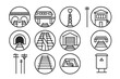 © Olha - Rail Infrastructure Icons. Line style icons of rail infrastructure in round shape: bridge over tracks, elevated rail, signal tower