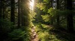 © YADigital - Golden Sunlight Illuminating a Winding Forest Path Through Lush Conifer Woods