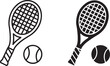 © vectorzking - Tennis racket and tennis ball icon set, displaying both a clear outline and a solid black silhouette. essential graphic elements for sports, recreation, fitness, and game-related designs, vector art