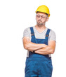 © Alen-D - Doubt, construction worker thinking. Closeup portrait of thoughtfully repairman with confusion face expression, isolated on white background. Craftsman against white wall