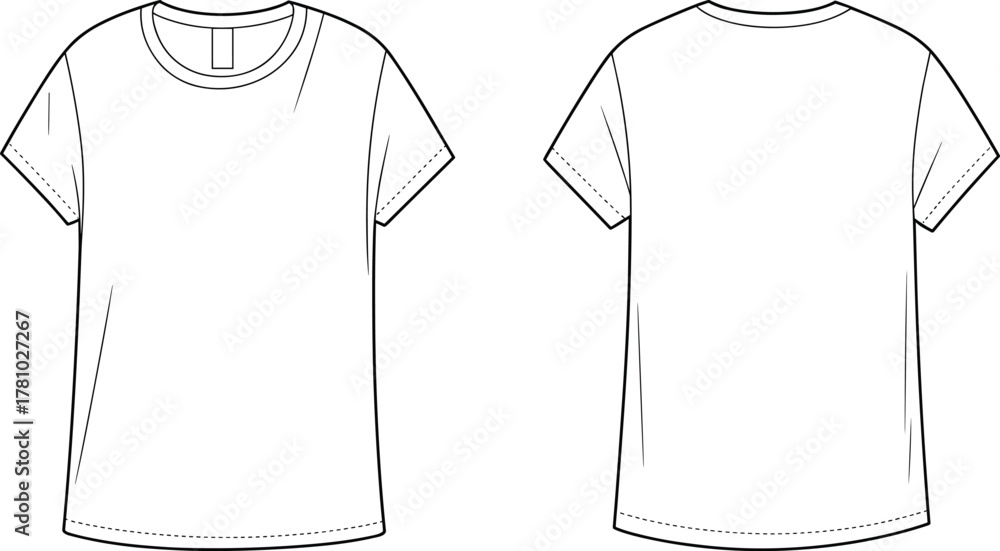 Flat technical sketch of unisex short sleeve crew neck t-shirt with front and back view for fashion vector apparel design