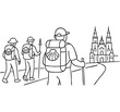 © Azulblue - Pilgrims walking to santiago de compostela cathedral on camino