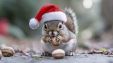 Baby squirrel wearing a tiny Santa hat, nibbling on a nut .