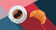 © Rani - Cup of coffee and croissant breakfast on colorful flat lay surface