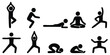 © creatix - Stickman yoga and meditation poses, Fitness exercise silhouette icons, Yoga stretching and balance illustration set