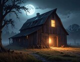 Haunted Barn at Night with Full Moon and Eerie Landscape