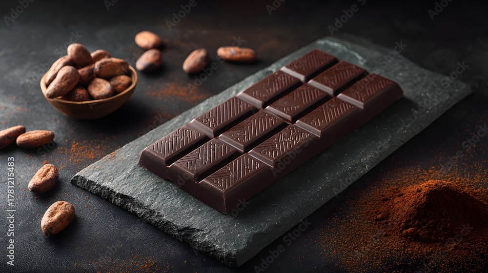 Foto Rich dark chocolate bar displayed with raw cocoa beans and powder ...
