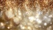 © Esma - Beautiful, shiny, golden, sparkling background with hanging ornaments and lights; golden Christmas decorations; golden bokeh.