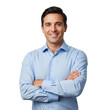 © shahida  - Smiling caucasian man with dark hair and blue shirt standing confidently with arms crossed isolated on transparent background