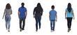© Curto - back view of a group of Latin American people walking on white background