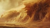 A massive sandstorm engulfs a desert landscape. Dust clouds rise dramatically against a golden sky. The scene captures the power of nature in arid environments.
