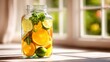 © kirania - Clear glass jar filled with citrus fruit slices and fresh mint steeping in water sits bathed in sunlight near a window