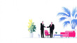© THINGDSGN - Businessmen shaking hands in modern office with plants and white copy space. Minimalist graphic illustration for partnership and agreement concepts