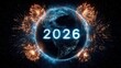© Zanni - Glowing digital Earth with fireworks and neon 2026 text celebrating New Year