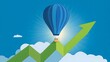 © kirania - Hot air balloon ascends above a steeply rising green arrow symbolizing positive growth