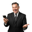 © sujon1638 - Joyful middle aged man in formal suit laughing heartily while looking at his smartphone isolated on transparent background
