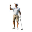 © sujon1638 - A triumphant male golfer wearing a white polo shirt and khaki shorts raises his fist in celebration holding a club isolated on transparent background