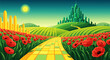 © Purnomo - A vibrant depiction of the Emerald City in the distance, approached via a yellow brick road through a field of blooming poppies under a bright sun
