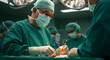© olenap - Surgeon in green scrubs and mask is performing intricate surgery in modern operating room, with bright surgical lights illuminating the focused team and advanced medical equipment in background