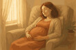 © David - Pregnant caucasian female in a warm-toned room sitting in an armchair, gently holding her baby bump with eyes closed in a serene expression.