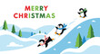 © Seth - Cute cartoon penguins sliding down snowy hills with merry christmas text