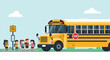 © creativestock - Group of children waiting at a bus stop next to a yellow school bus on transparent background