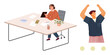 © robu_s - Woman at desk using tablet surrounded by office items, and a man raising arms in joy. Ideal for teamwork, success, workplace balance, collaboration, celebration, productivity, simple flat metaphor