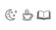 © markusmiller - Minimalist nighttime relaxation icons: moon, coffee, book on grid background